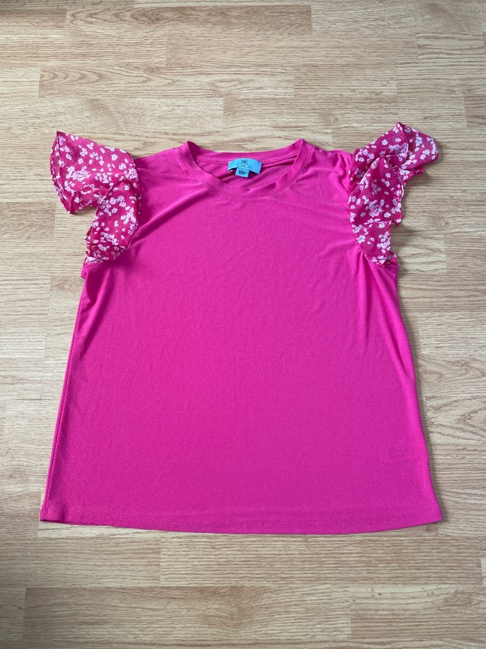 CeCe Hot Pink Sheer Floral Ruffle Sleeve Blouse Top Size Large